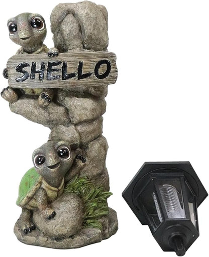 Ebros Gift Whimsical 2 Baby Tortoise Turtles Holding Shello Greeting Sign On Rock Outpost Solar LED Courtesy Path Light Garden Statue Home Decorative Patio Figurine