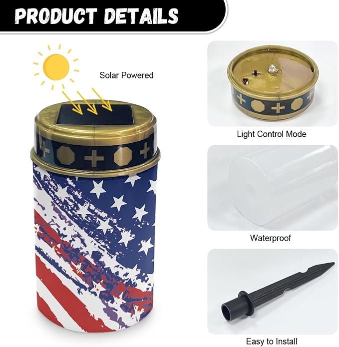 USA Flag Print Garden Lights Outdoor Decorative - Cemetary Solar Lights for Remembrance Lawn