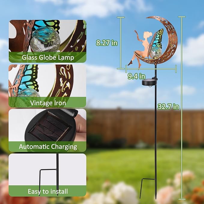 Tremdwoto Solar Garden Lights Outdoor, Metal Fairy Butterfly & Moon Decor - Cracked Glass Solar Stake with Gradient Wings, Gift for Mother's Day, Housewarming, Patio, Yard & Pathway Decorations