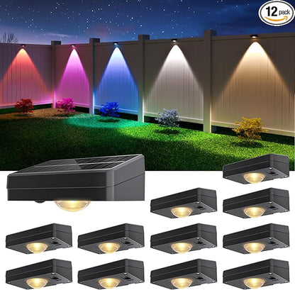 NIORSUN Solar Fence Lights Outdoor Waterproof,Warm & Cool White RGB,12 Pack LED Spot Lens Deck Lights 9 Mode,Solar Powered Wall Lighting Decor for Outside Patio Step Backyard Railing Pool Black