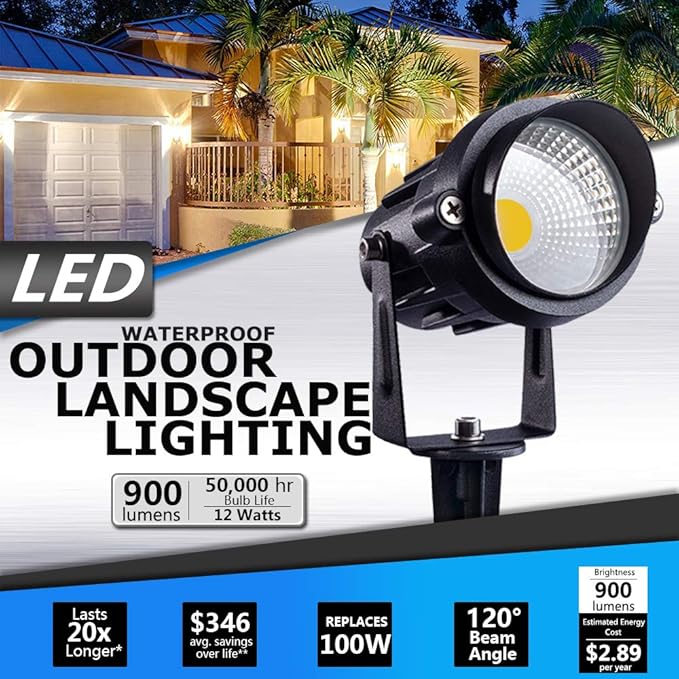 SUNVIE Outdoor Landscape LED Lighting 12W Waterproof Garden Lights COB Led Spotlights with Spiked Stand for Lawn | Lumora