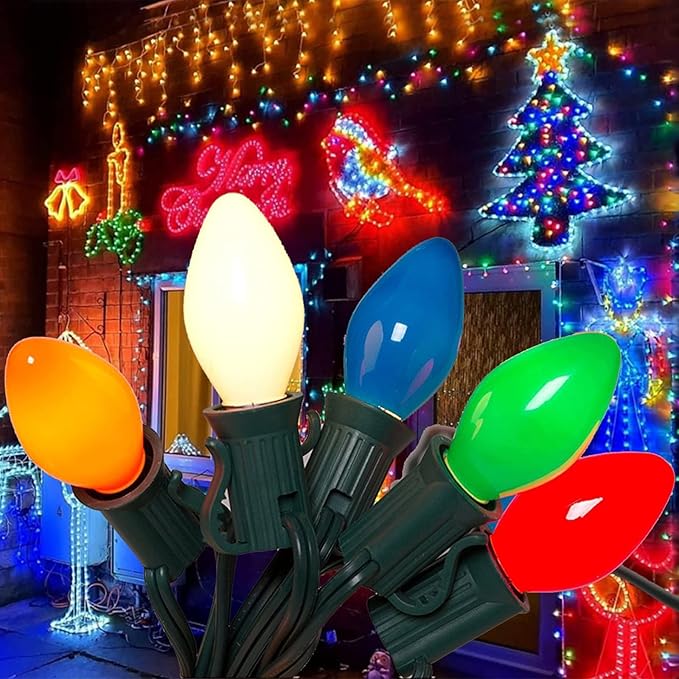 C7 Christmas Lights Outdoor 25Ft Multicolored Christmas Lights with 27 Glass Incandescent Bulbs (2 Spare), Vintage Colorful String Light for Garden Wedding Party Xmas Decorations
