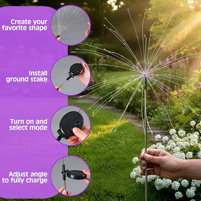 3 Pack Mardi Gras Solar Firework Lights 120 LED 8 Modes Waterproof Multicolor Mardi Gras Solar Stake Lights Outdoor Landscape Lamp for Garden Yard Patio Pathway Lawn Carnival Decoration