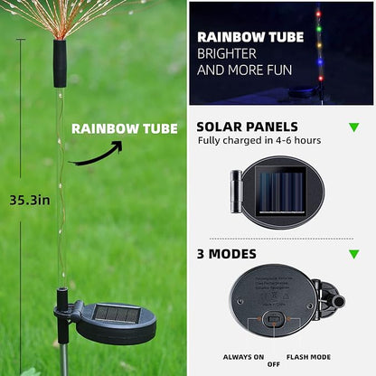 2 PCS Solar Firework Light with Rainbow Tube, 120 LEDs Outdoor Solar Garden Decorative Lights IP65 Waterproof String DIY Landscape Light for Walkway Pathway Backyard Christmas Decoration(Multi-Color)