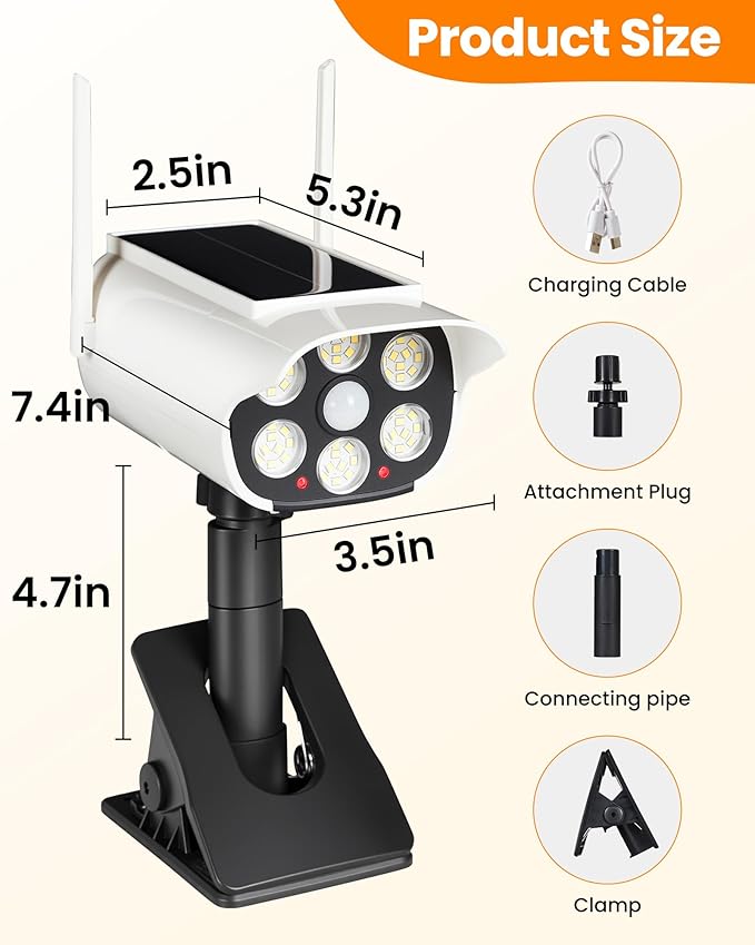 Clip On Solar Fake Security Cameras with Light, Motion Sensor Outdoor Lights, IP66 Waterproof Dummy Surveillance Camera for Gutter Fence Garages Warehouses (Clamp 1)