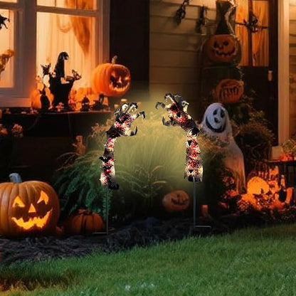 2PCS Solar Halloween Garden Stake Lights Zombie Hand Halloween Pathway Lights with Bats Spiders, Metal Landscape Path Scary Decorative for Pathway Patio Lawn Yard, Red