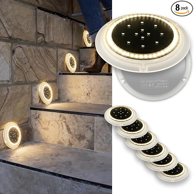 Solar Dock Lights, Crazy 48 LEDs Super Bright Disc Driveway Light, Outdoor Waterproof Flat Low Profile, Anti-Trip & Anti-Slip for Marine, Ground, Pool, Pier, Deck (Warm White, 8Pack)