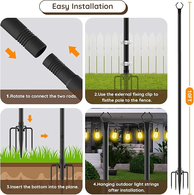 4 Pack 2.8 FT String Light Poles,Metal Lights Poles for Outdoor String Light, Rustproof Heavy Duty for Outside | Lumora