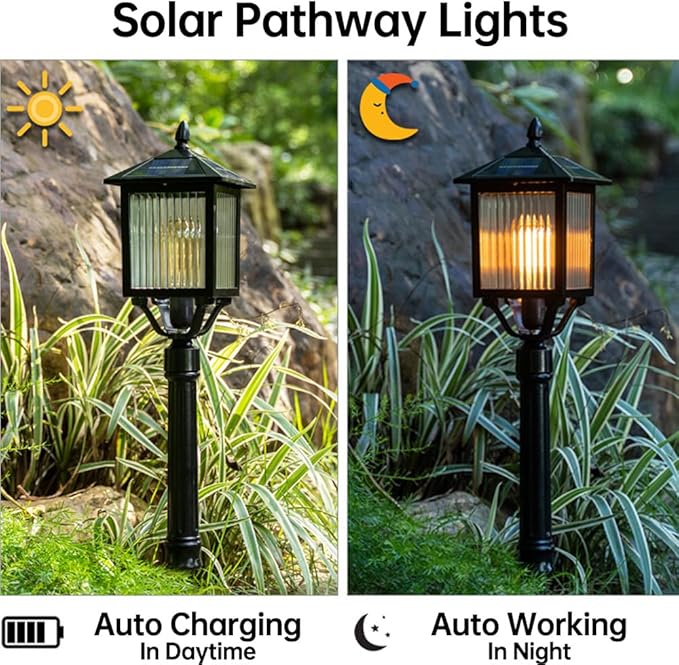 Solar Pathway Light Vintage Square Landscape Path Light Black Aluminum Bollard Lantern Solar Waterproof LED Bollard Lighting Fixture for Courtyard Garden Lawn Porch Patio