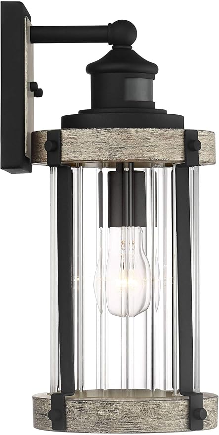 John Timberland Stan Rustic Outdoor Wall Light Fixture Wood Finish Black 15 1/2" Pleated Glass Motion Sensor Dusk to Dawn Decor for Exterior House Porch Patio Outside Deck Garage Yard Front Door