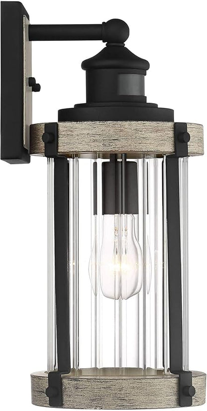 John Timberland Stan Rustic Outdoor Wall Light Fixture Wood Finish Black 15 1/2" Pleated Glass Motion Sensor Dusk to Dawn Decor for Exterior House Porch Patio Outside Deck Garage Yard Front Door