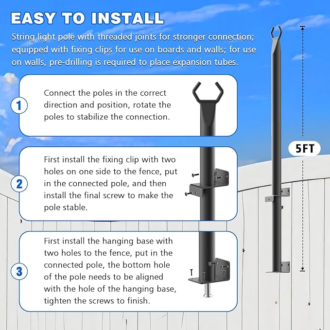 zoegi 10 Pack 5FT String Light Poles,Light Poles for Outside Lights with Fork,Outdoor Brackets Hanging Lights,Metal | Lumora