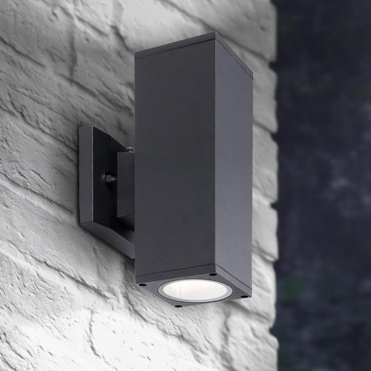 ASD 2 Light Square Dusk to Dawn Outdoor Wall Light Fixture | 120W E26 Bulb Socket 120V ETL Cylinder Up Down Lights | LED/CFL/Incandescent Bulb Wall Sconce | Front Door, Porch, Patio | Black