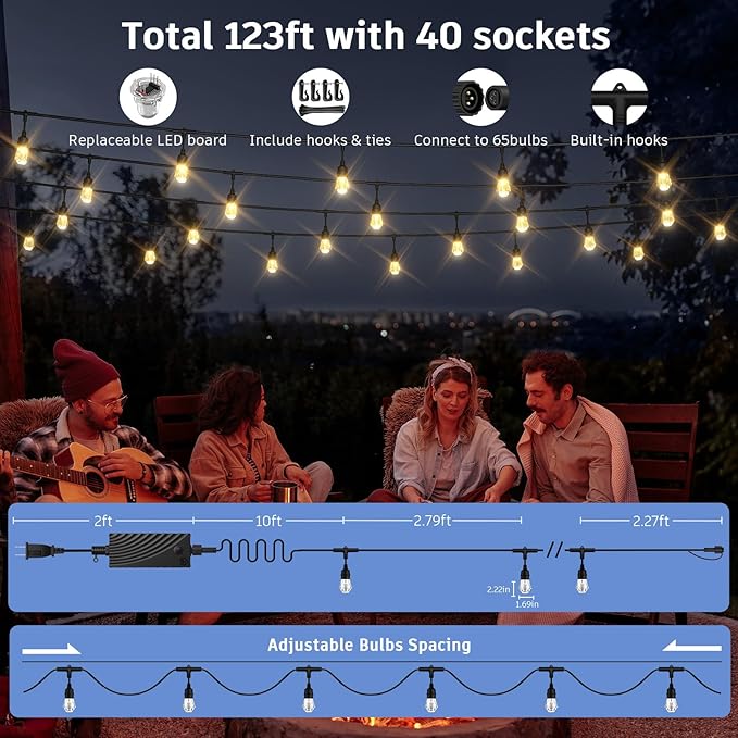 XMCOSY+ Smart Outdoor String Lights - 123ft RGBCWIC Patio Lights with 40 Color Changing Bulbs, LED String Light for | Lumora
