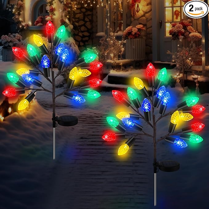 2 Pcs Christmas Solar Pathway Lights Outdoor Decorations 28" Christmas Stake Lamp Yard Waterproof 8 Modes 20 LED Pine Cones Tree for Walkway Path Garden Patio Decor