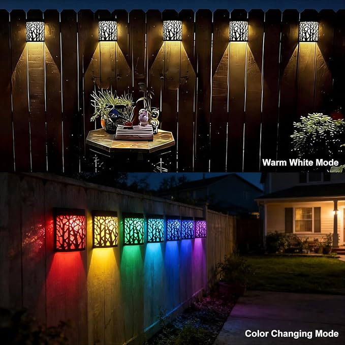 DenicMic Solar Wall Lights Outdoor Wall Sconce Fence Lighting for Patio Front Door Yard Deck Stair Led Forest Decorative Lamps, Waterproof, Warm White Color Changing (4 Pack)