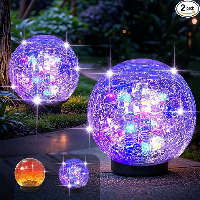 2 Pack 60LED Solar Globe Lights Outdoor Waterproof 4.7in Cracked Glass Solar Balls Lights for Outside Yard Pathway Patio Lawn Landscape Decor Ground for Christmas Holiday Decor w/ Box ( Glass White)