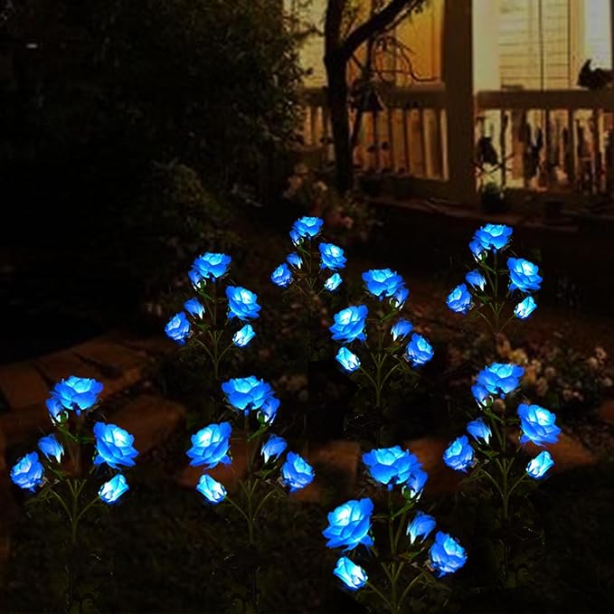 [Upgraded 6 Flowers]Solar Powered Decorative Rose Garden Stake Lights, Waterproof Realistic Artificial Flowers for Outdoor Flower Bed Patio Yard Pathway Memorial Cemetery Grave Decorations, Blue