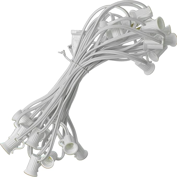 EST. LEE DISPLAY L D 1902 Outdoor Patio String Light Cords with Male & Female Plugs Green & White Wire 12in Spacing Sockets, 25FT Length (White, C9 - E17)