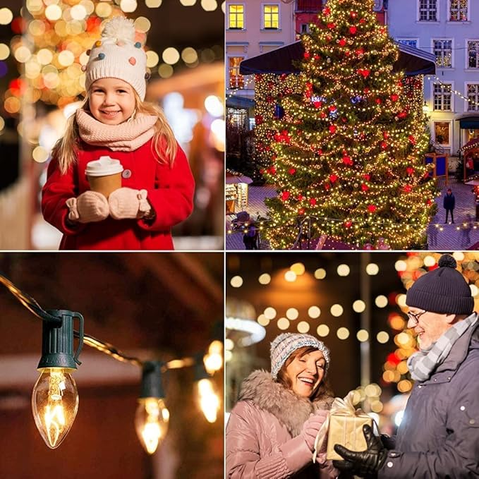 C7 Christmas Lights, 25Ft Outdoor Clear Christmas String Lights with 27 Clear Warm White Incandescent Bulbs, Vintage Christmas Lights for Roofline Patio Christma Cafe Party Decorations, Green Wire
