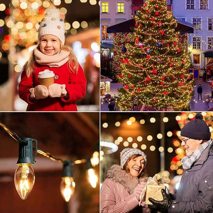C7 Christmas Lights, 25Ft Outdoor Clear Christmas String Lights with 27 Clear Warm White Incandescent Bulbs, Vintage Christmas Lights for Roofline Patio Christma Cafe Party Decorations, Green Wire