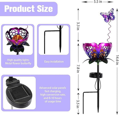 Solar Path Light, 2 Pack Crackle Glass Globe LED Lights, Metal Butterfly Decorations Lights, Hollow Petal Tulip Stake Light for Patio Yard Walkway Ground Lawn Ornaments Gifts (Purple Flower - 2pcs)