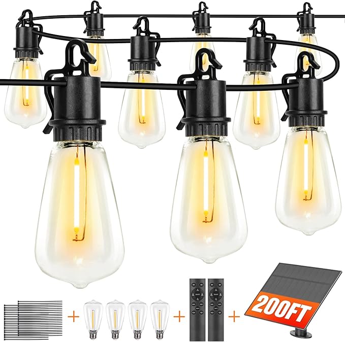 200ft Solar LED Outdoor String Lights Patio Lights with Shatterproof 2700K ST38 Vintage Edison Plastic Bulbs Dimmable, Outside Hanging Lights Waterproof for Porch, Deck, Garden, Backyard