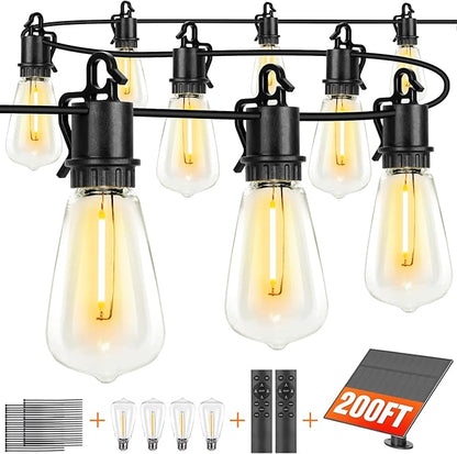 200ft Solar LED Outdoor String Lights Patio Lights with Shatterproof 2700K ST38 Vintage Edison Plastic Bulbs Dimmable, Outside Hanging Lights Waterproof for Porch, Deck, Garden, Backyard