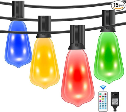 Auroraworld 35FT Outdoor String Lights: Dimmable, RGB Color-Changing Patio Lights with Remote, 15 Shatterproof Bulbs Perfect for Weddings, Backyards