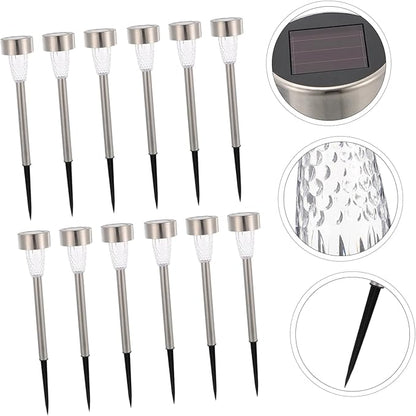 12pcs Solar Outdoor Pathway Lights Stainless Steel Solar Garden Lights with Bright White LED for Patio Walkway Lawn Stake Lighting