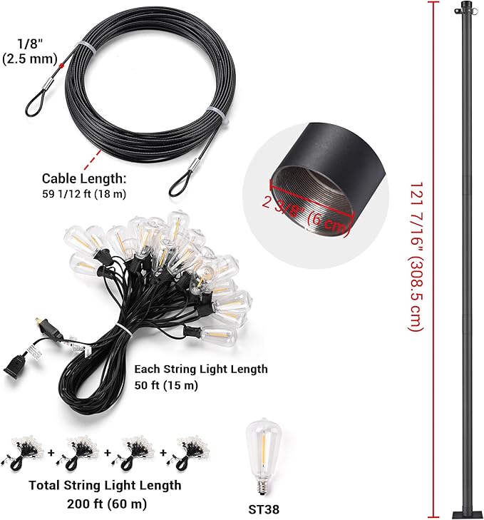 Yescom 200Ft Outdoor String Lights with 2PCS 10Ft Light Poles 59 1/12Ft Steel Cable,104 Shatterproof ST38 Vintage Edison Bulbs Waterproof Dimmable 2700K for Commercial Grade Wedding Event Party