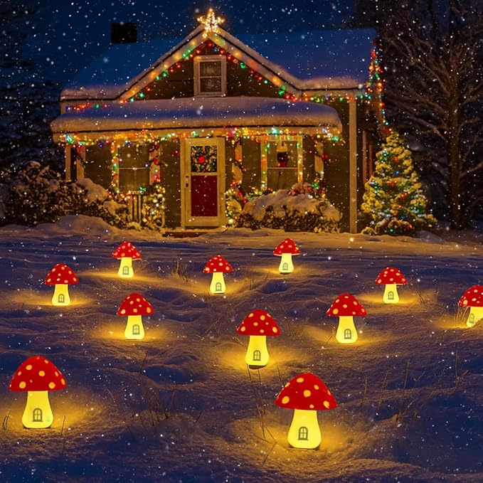 Yard/Garden Decorations, 4-Pack Yimmloome Ourdoor Warm-House Mushroom Solor LED Light for Garden Pathways, Patios, Flower Beds, or Balconies