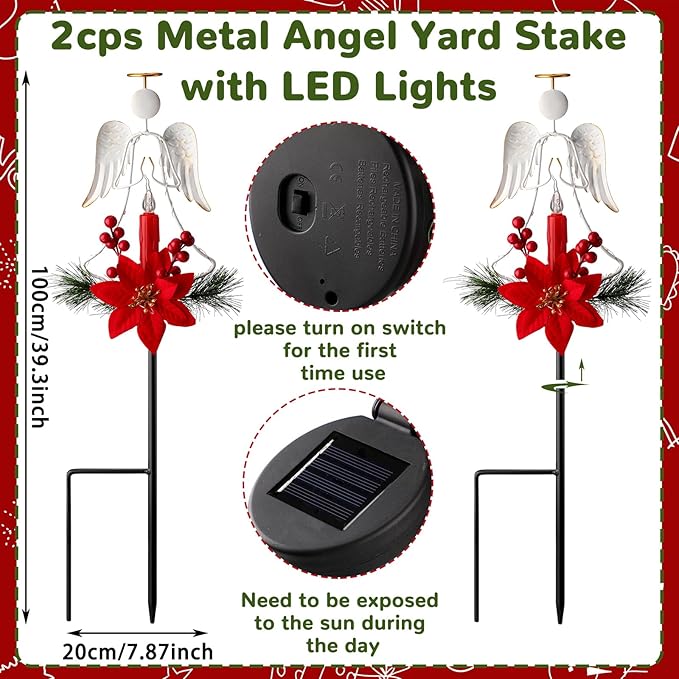 Baquler 2 Pcs Solar Christmas Angel Stake Lights Yard Decorations Christmas Garden Stake Decor Metal Angel Solar Lights Outdoor Garden with LED Candle for Pathway Holiday Winter Decoration