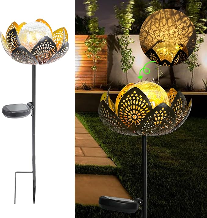 Bshine Lotus Solar Light Outdoor, Waterproof Crack Glass Globes LED Lotus Flower Metal Stake Valentine's Day Outdoor Decor Yard, Courtyard, Path, Art Lawn Ornaments, Gift for Mom Housewarming, Yellow