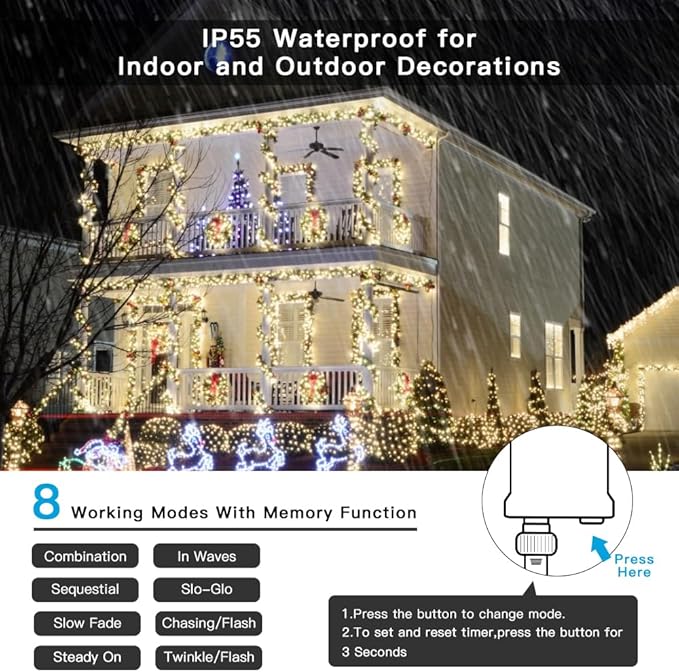 AmyHomie Color Changing Christmas Lights, 108Ft 300LED White Warm White String Lights, 8 Modes Waterproof Fairy | Lumora