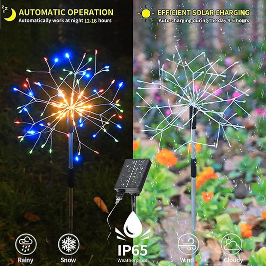 6 Pack 900 LED Outdoor Solar Ground Inserted Colorful Fireworks Lights with Telecontrol, Waterproof Solar&USB Powered Courtyard Lights,8 Modes DIY Light.