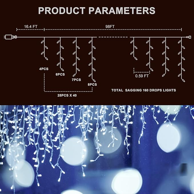 LED Icicle Lights for Outdoor Christmas Decorations,98.4Ft 1000 LEDs Christmas Fairy Light with Timer&Memory Function,8 Lighting Modes,Plug in hanging Curtain Lights for Xmas Party Wedding(Cool White)
