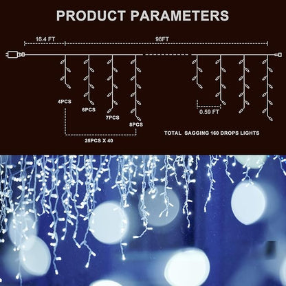 LED Icicle Lights for Outdoor Christmas Decorations,98.4Ft 1000 LEDs Christmas Fairy Light with Timer&Memory Function,8 Lighting Modes,Plug in hanging Curtain Lights for Xmas Party Wedding(Cool White)