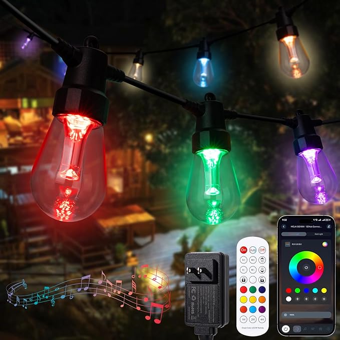 Outdoor String Lights Waterproof Patio Light 52FT 20 RGBW Dimmable LED Bulbs, Shatterproof Outside Hanging Color Changing Lights for Backyard Party Garden Porch Balcony (52FT)