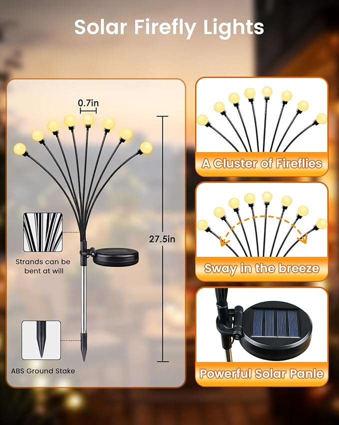OZS 2Pack 16LED Solar Firefly Lights - Outdoor, Sway by Wind, Waterproof for Garden Pathway Decoration (Warm White)