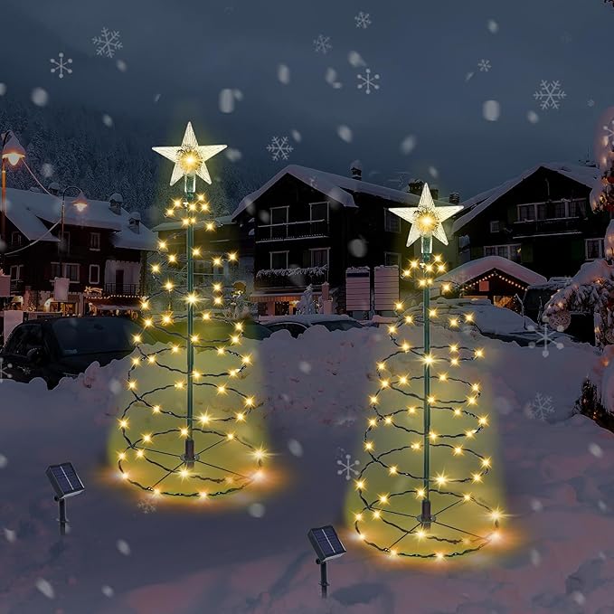 Outdoor Christmas Decorations, 2 Pack 20'' Spiral Solar Christmas Tree Lights, 8 Modes Solar Pathway Lights, Waterpoof Light up Prelit Xmas Tree for Garden Patio Yard Walkway Driveway（Warm White）