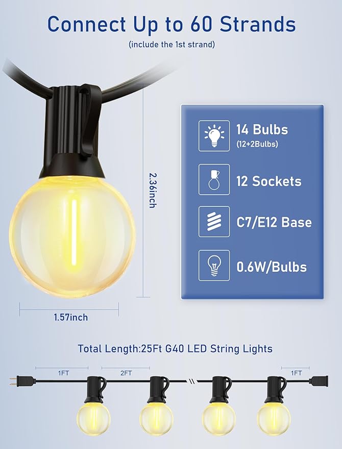 Abeja 25Ft LED Outdoor String Light, G40 Globe LED Patio Lights with 14 Edison Plastic Bulbs(2 Spare)，Waterproof Connectable Hanging Lights for Backyard Porch Balcony Party Decor, Black