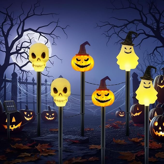 6 Pack Halloween Decorations Outdoor Solar Stake Lights Halloween Lights Waterproof for Garden Patio Yard Pathway Grave Lawn Porch Party Decor(White Skull)