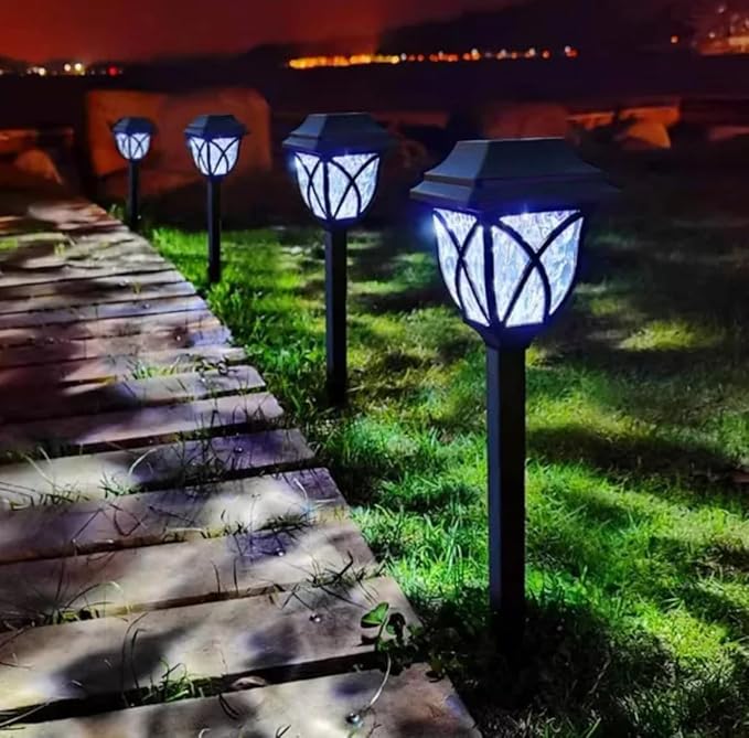 4 Pack Solar Garden Path Lights, LED Landscape Lighting, Decorative Geometric Design, 16.9 inch Height, Black