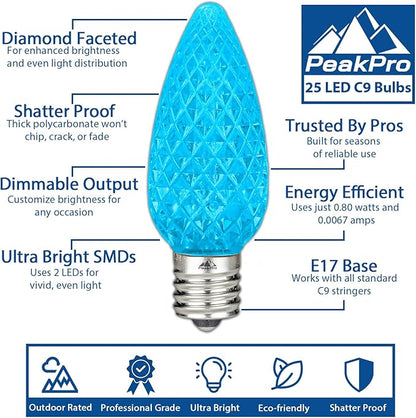 Novelty Lights 25PK C9 LED Faceted Ultra Bright Dimmable Outdoor Christmas Light Replacement Bulbs for String Lights (Teal)