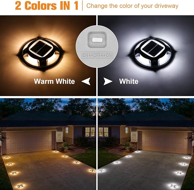 VOLISUN Solar Driveway Lights Dock Marine Lights 4 Pack,2 Colors in 1,Outdoor LED Deck Light,Solar Powered Waterproof Warning Step Light for Driveway Sidewalk Pathway (White/Warm White)
