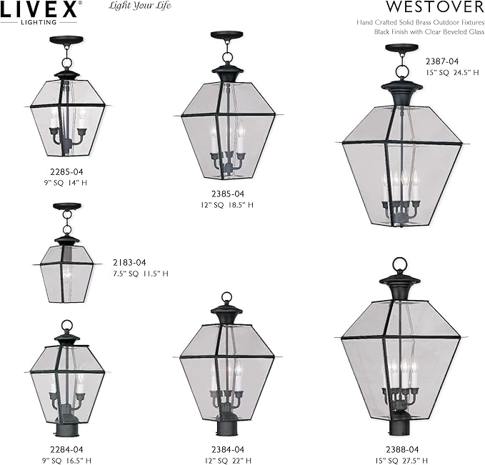 Livex Lighting 2384-04 Westover 3 Light Outdoor Black Finish Solid Brass Wall Lantern with Clear Beveled Glass, 22" x 12" x 22"