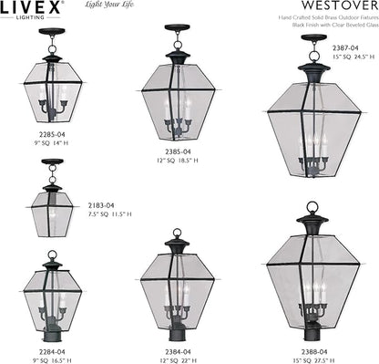 Livex Lighting 2384-04 Westover 3 Light Outdoor Black Finish Solid Brass Wall Lantern with Clear Beveled Glass, 22" x 12" x 22"