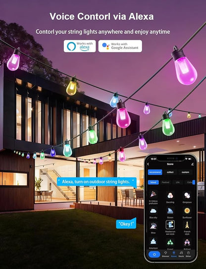 APPECK Smart Outdoor String Lights, 100ft RGBW Outdoor Patio Lights with 30 LED Bulbs, Extendable, 111 Scene Modes, IP65 Waterproof Lighting for Outside, Halloween Decor, Compatible with Alexa