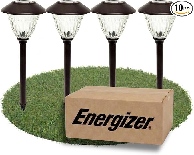 Energizer Solar Outdoor Garden Lights - 10 Pack LED Driveway Solar Lights with 10 Lumen Output, Patterned Glass & Metal Finish, IP65 Waterproof & Easy to Install Garden Lights for Outside - Black